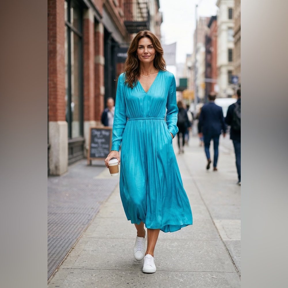 Topshop Teal V-Neck Long-Sleeve Midi Dress